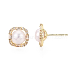 Boucles d'oreilles carrées en laiton avec micro pavé de zircone cubique transparent&nbsp;PEAR-N020-JY02