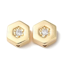 Perline zirconi micro pave  in ottone, esagono, vero placcato oro 18k, 8x7x3.5mm, Foro: 1 mm