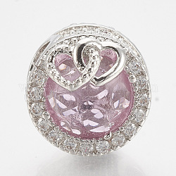 Perline europeo zirconi in ottone, perline con foro grande, piatta e rotonda con il cuore, platino, perla rosa, 12x14mm, Foro: 4.5 mm