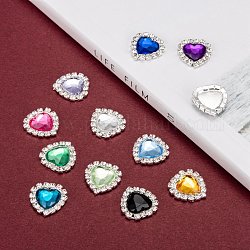 Acrylic Rhinestone Cabochons, with Brass Rhinestone Findings, Faceted, Heart, Silver Color Plated, Mixed Color, 16x15.5x4mm