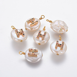 Colgantes naturales de perlas cultivadas de agua dulce, con micro latón allanar fornituras de circonio cúbico, plano y redondo con la letra, colorido, dorado, letter.h, 16~19x11~12x6~8mm, agujero: 1.8 mm