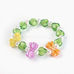 Bracelets extensibles en perles acryliques pour enfants, bowknot & coeur & rond, verte, 1-5/8 pouce (4.3 cm)