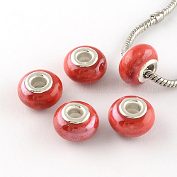 Rondelle pearlized handgemachte Porzellan europäischen Perlen, mit versilberten Messingkernen, Großloch perlen, rot, 14~16x9~10 mm, Bohrung: 5 mm