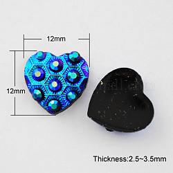 Resin Cabochons, AB Color Plated, Heart, Blue, 12x12x2.5~3.5mm