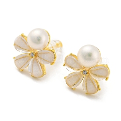 Cubic Zirconia Flower Stud Earrings with Natural Pearl, Brass Earrings with 925 Sterling Silver Pins, Real 18K Gold Plated, 14.5x13mm