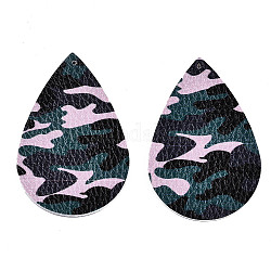 Imitation Leather Big Pendants, Teardrop with Camouflage Pattern, Teal, 56.5x37x2mm, Hole: 2mm