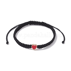 Braccialetti regolabili con perline intrecciate in filo di nylon, con cuore in lega smaltata, per donne, nero, diametro interno: 2-3/8~4-1/8 pollice (6.1~10.6 cm)