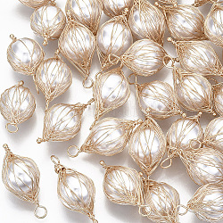 Ciondoli avvolti in filo di perla imitazione plastica abs, con filo di ottone placcato oro chiaro, lacrima, bianco crema, 34x14~15x14~15mm, Foro: 2 mm