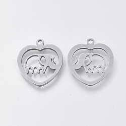 201 Stainless Steel Pendants, Laser Cut Pendants, Heart with Elephant, Stainless Steel Color, 17.5x16x1mm, Hole: 1.4mm