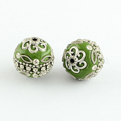 Round Handmade Grade A Rhinestone Indonesia Beads, with Alloy Antique Silver Metal Color Cores, Olive Drab, 20mm, Hole: 2mm