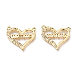 Hollow Brass Micro Pave Cubic Zirconia Links, Long-Lasting Plated, for Mother's Day, Heart with Word Mama, Real 18K Gold Plated, 21x22x2mm, Hole: 1.4mm