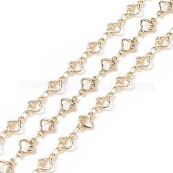 Brass Heart Link Chains, with Clear Cubic Zirconia, Soldered, with Spools, Cadmium Free & Lead Free, Real 14K Gold Plated, 6x9x2mm