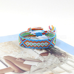 Bracelet cordon polyester tressé motif losange, bracelet brésilien réglable ethnique tribal pour femme, bleu profond du ciel, 5-7/8 pouce (15 cm)