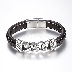 Bracelets de cordon en cuir tressé pour hommes, avec accessoires en 304 acier inoxydable et les fermoirs magnétiques, brun coco, 8-5/8 pouce (220 mm)