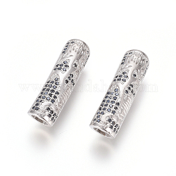 Brass Micro Pave Cubic Zirconia Beads, Long-Lasting Plated, Tube Beads, Black, Platinum, 26x7mm, Hole: 4.5mm