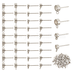 Olycraft 80Pcs 4 Style 201 & 304 Stainless Steel Stud Earring Findings, with Loops and 304 Stainless Steel Pins, For Pointed Back Rivoli Rhinestone, Flat Round, Stainless Steel Color, 6~14x4~6x3mm, Hole: 1~2mm, Pin: 0.7~0.8mm, 20Pcs/style