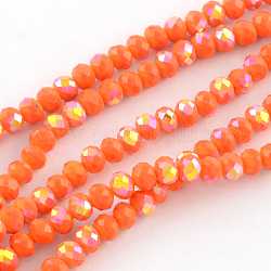 Chapelets de perles en rondelles en verre électrolytique de couleur solide, demi couleur ab plaqué, facette, orange foncé, 8x6mm, Trou: 1mm, Environ 68~70 pcs/chapelet, 17.3 pouce