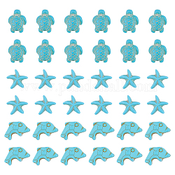 Sunnyclue 90 pièces 3 styles brins de perles turquoise synthétiques teintes, dauphin, tortue et étoile de mer, 13.5~19x11~14x4.5~8mm, Trou: 1mm, 30 pièces / style