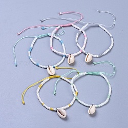 Регулируемые стеклянные браслеты из бисера, шарм браслеты, с подвесками из каури и плетеной нейлоновой нитью, разноцветные, 2-1/8 дюйм (5.4 см)
