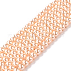 Eco-Friendly Glass Pearl Beads, Pearlized, Round, PeachPuff, 6mm, Hole: 1.2~1.5mm, about 68pcs/Strand, 16''(40.64cm)
