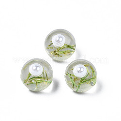 Cabochons acryliques translucides, avec des perles d'imitation abs et du foin, ronde, vert de mer moyen, 10x9.5mm