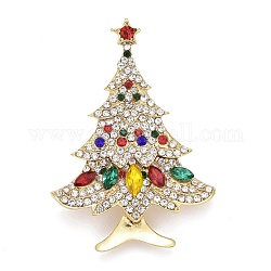 Broche de rhinestone de árbol de navidad colorido, insignia de aleación para ropa de mochila, dorado, 56x40x10.5mm