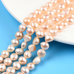 Natural Cultured Freshwater Pearl Beads Strands, Grade B, Oval, Dyed, Two Sides Polished, Incarnadine, about 8-9mm in diameter, hole: 0.8mm, 14 inch/strand, about 54pcs/strand