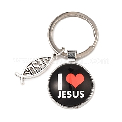 Ich liebe Jesus-Symbol-Schlüsselanhänger aus Glas mit Jesus-Fisch-Anhänger aus Legierung, mit  eisernem Zubehör, kantille, Halbrund, Schwarz, 6.2 cm