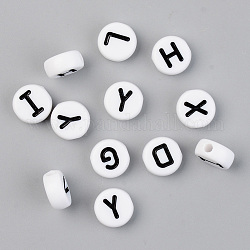 Opaque Acrylic Beads, with Enamel, Horizontal Hole, Flat Round with Initial Letter, Black, White, 9.5x4.5mm, Hole: 2mm, 1580pcs/500g