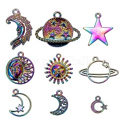 18Pcs 9 Style Rainbow Color Alloy Pendants, Cadmium Free & Nickel Free & Lead Free, Moon, Moon with Star, Flat Round with Moon & Sun, Sun, Planet, 12~29x11~32x1.5~3mm, Hole: 1.6~2mm, 2pcs/style