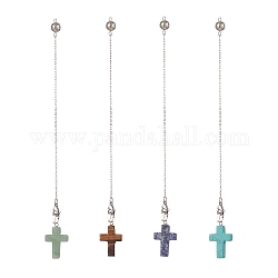 Natural Gemstone Cross Dowsing Pendulums, with 304 Stainless Steel Cable Chains, Brass Hollow Ball, 190~193x1.6mm