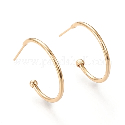 Brass Half Hoop Earrings, Stud Earring, Long-Lasting Plated, Ring, Real 18K Gold Plated, 22x26x1.5mm, Pin: 0.7mm