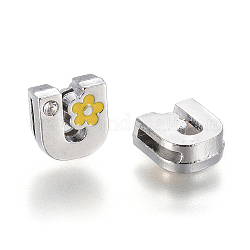 Slide charms rhinestone in lega , con smalto, letter.u con fiore giallo, colore metallico platino, 10.5x11x4.5mm, Foro: 2x8 mm