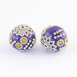 Runde Perlen mit handgefertigten Indonesien, mit Topas-Strassen und Legierungskernen, Antik Silber Farbe, mauve, 16~17x15~16 mm, Bohrung: 1~2 mm