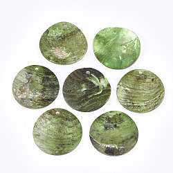 Sprühfarbe natürliche Akoya Muschel Anhänger, Perlmutt Muschel Anhänger, Flachrund, Olive, 25x1~3 mm, Bohrung: 1.6 mm