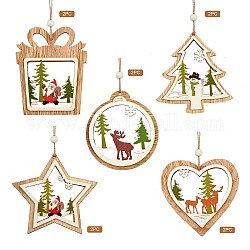 10 pz 5 ornamenti in legno in stile, con spago di iuta, per la decorazione domestica del regalo del partito, forme misto, Burlywood, 20cm, 2pcs / style