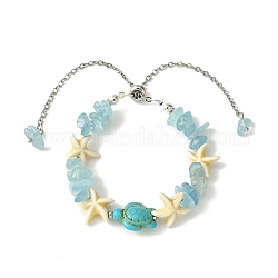 Bracelets coulissants en perles de turquoise synthétique et d'aigue-marine naturelle, bracelet réglable étoile de mer & tortue pour femme, 11-3/8 pouce (29 cm)