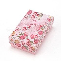 Картонная упаковка для ювелирных изделий с цветочным узором, 2 слот, для серег-колец, с бантом из ленты и черной губкой, прямоугольные, розовые, 8x5x2.6 см