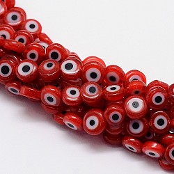 A mano a lume malocchio piatte fili di perle rotonde, rosso, 6x3mm, Foro: 1 mm, circa 65pcs/filo, 14 pollice
