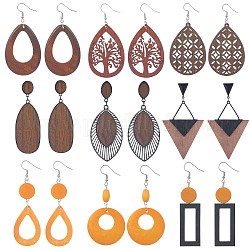 SUNNYCLUE 9 Pair 9 Style Teardrop & Rectangle & Triangle Natural Wood Dangle Earrings Set, 316 Stainless Steel Jewelry for Women, Mixed Color, 72~96mm, Pin: 0.6mm, 1 Pair/style