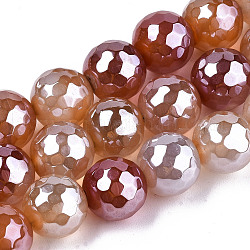 Electroplate Natural Agate Beads Strands, Dyed, Faceted, Pearl Luster Plated, Round, Dark Salmon, 10.5mm, Hole: 1.2mm, about 36~37pcs/strand, 14.37 inch~14.57 inch(36.5cm~37cm)