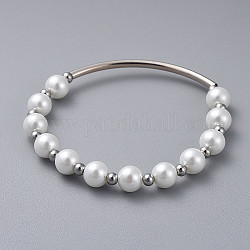 Perles perles de verre s'étendent bracelets, avec 304 perles d'espacement rondes en acier inoxydable et perles de tube en laiton incurvées, blanc, 2-1/8 pouce (5.5 cm)