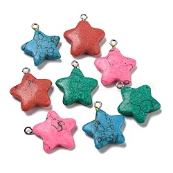 Pendentifs de turquoise synthétique, Breloques étoiles avec boucles en fer ton platine, teinte, couleur mixte, 21~22x18~18.5x5~5.5mm, Trou: 1.8mm