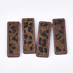 Eco-Friendly Cowhide Leather Big Pendants, with Dyed Wood, Rectangle with Leopard Print, Chocolate, 56x19x3mm, Hole: 1.2mm