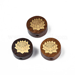 Perles de bois de rose naturel non teintées, avec des tranches de laiton brut (non plaqué) en forme de lotus, plat rond, selle marron, 15x7mm, Trou: 1.8mm