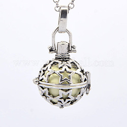 Antique Silver Brass Cage Pendants, Chime Ball Pendants, Star, with Brass Spray Painted Bell Beads, Lemon Chiffon, 27x24x20mm, Hole: 3x5mm, Bell: 16mm