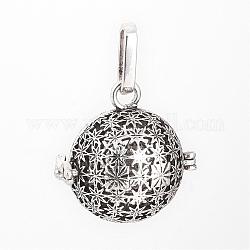 Латунные подвески с ажурной резьбой, для ожерелья, полый круглый с цветком, античное серебро, 23x23x18 мм, отверстие : 4x8 мм, Внутренние размеры: 16 mm