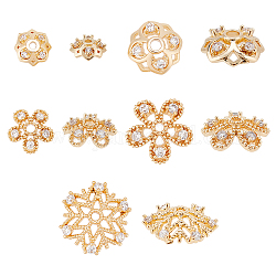 Superfindings 10 pièces 5 capuchons de perles fantaisie en laiton de style, avec strass, fleur, or clair, 6.5~12.5x2~4mm, Trou: 1~2mm, 2 pièces / style