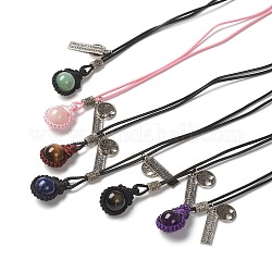 Verstellbare Halsketten mit natürlichem Edelsteinanhänger, mit Nylonfaden, Alu Charms & Perlen, flach rund mit Baum des Lebens, 29.9 Zoll (76 cm)