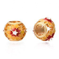 Perles européennes d'émail en alliage, Perles avec un grand trou   , Style mat, sans cadmium et sans plomb, Rondelle avec des fleurs, rouge, 10.5x8.5mm, Trou: 4mm